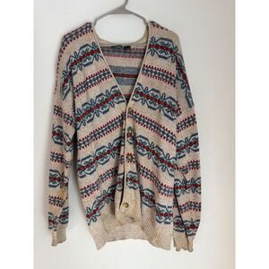 Lizwear Vintage Fair Isle Cotton Cardigan Sweater Beige Blue Red Geometric Sz M